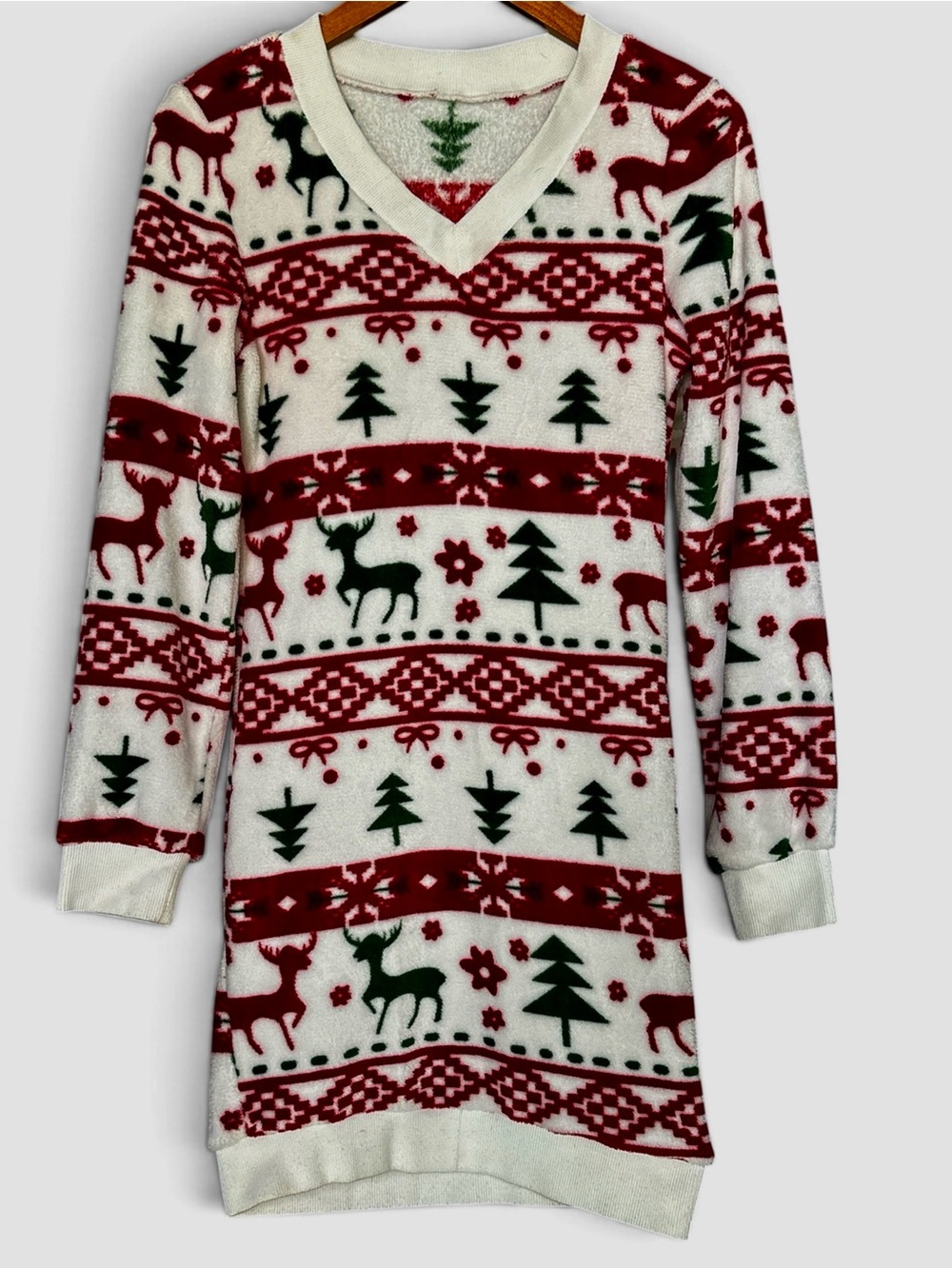 Source Unknown Cream Holiday Fleece Dress with Red & Green Fair Isle Print